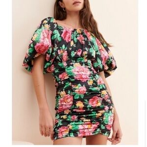 New! For Love & Lemons Floral Satin Ruched Puff Sleeve Jolie Mini Dress